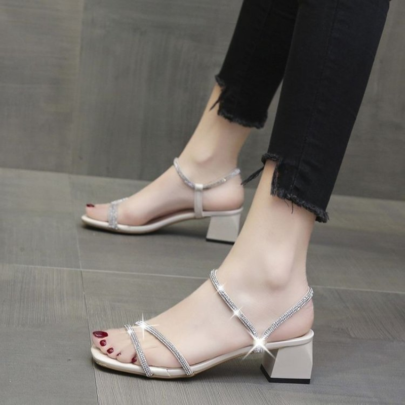 Square Toe Mule - Women's Square Toe Rhinestone Mid-Heel Sandals,