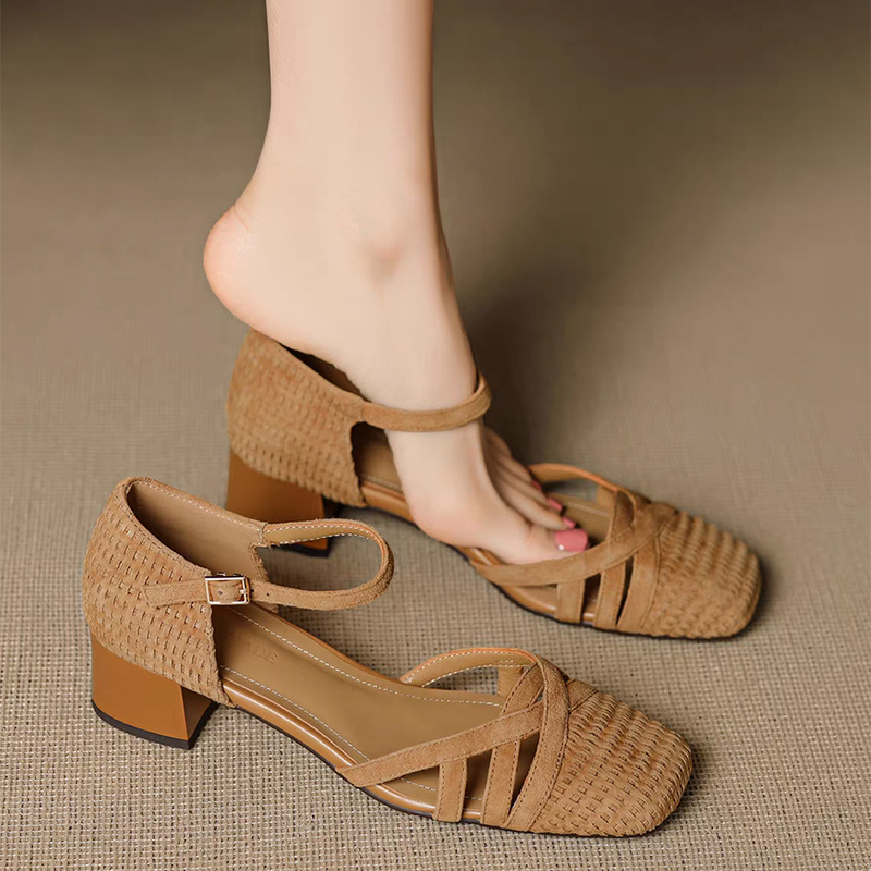 Retro Weave High Heel Sandals  - Ankle Strap Heels บทวิจารณ์และราคา