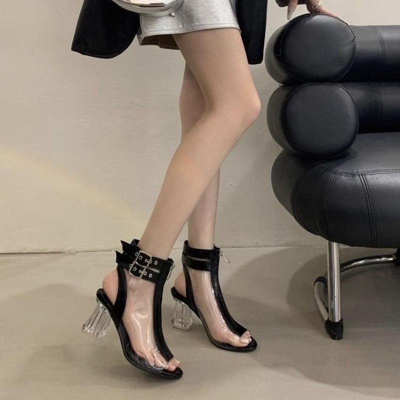 Crystal Heel Zip Sandals Summe - Square Toe Mule บทวิจารณ์และราคา